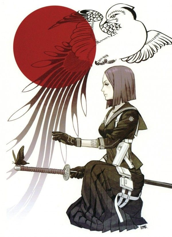 Illustration de Yusuke Kozaki d'une fille habillée en seifuku et hakama avec un sabre.