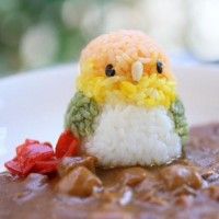 Du riz coloré modélé et assemblé pour former un oiseau sur un plat de curry. #JapanFood