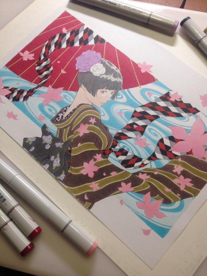 Dessin d'une japonaise en kimono coloriée aux feutres Copic et crayons de couleurs