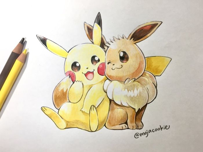 Pokémon : Let's Go - Dessin de Pikachu et Evoli au crayon de couleur par mojacookie